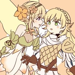 Rule 34 | 2girls, armor, bare shoulders, blonde hair, blush, brown gloves, dress, fairy wings, fire emblem, fire emblem heroes, flower, fukui, gloves, green eyes, hair flower, hair ornament, long hair, looking at another, multiple girls, nintendo, open mouth, peony (fire emblem), purple eyes, sharena (fire emblem), sleeveless, sleeveless dress, wings