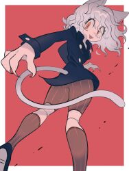 Rule 34 | 1other, a (poipiku 325815), animal ears, black jacket, border, brown shorts, brown socks, cat ears, cat tail, claws, commentary request, curly hair, feet out of frame, grey hair, hunter x hunter, jacket, long sleeves, looking at viewer, neferpitou, open mouth, orange eyes, other focus, red background, short hair, shorts, smile, socks, solo, standing, tail, white border