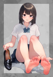 Rule 34 | 1girl, bare legs, barefoot, black hair, blue bow, blue bowtie, blue sky, blush, border, bow, bowtie, brown eyes, closed mouth, collared shirt, commentary request, feet, full body, grey background, grey border, highres, holding, holding shoes, knees up, legs, looking at viewer, lumina (artist), medium hair, miniskirt, original, school uniform, shirt, shoes, short sleeves, sidelocks, skirt, sky, smell, smile, soles, solo, steaming body, thighs, toes, unworn shoes, unworn thighhighs, white shirt