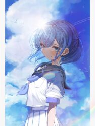 Rule 34 | 1girl, :d, arms at sides, belt, black sailor collar, blue eyes, blue hair, blue neckerchief, blue sky, blush, cloud, contrail, cowboy shot, crying, crying with eyes open, cumulonimbus cloud, floating hair, grin, hair between eyes, highres, hololive, hoshimachi suisei, kokutamotsu, looking at viewer, neckerchief, open mouth, pillarboxed, pleated skirt, sailor collar, shirt, short hair, short sleeves, sidelocks, simple bird, skirt, sky, smile, solo, sparkle, streaming tears, tears, teeth, virtual youtuber, white belt, white shirt, white skirt