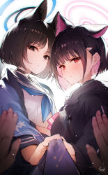 Rule 34 | 1other, 2girls, animal ears, black choker, black eyes, black hair, black jacket, black sailor collar, blue archive, blue halo, blue neckerchief, blue necktie, cat ears, cat tail, choker, colored inner hair, extra ears, halo, haori, highres, hood, hood down, hooded jacket, jacket, japanese clothes, kazusa (blue archive), kikyou (blue archive), long sleeves, looking at viewer, multicolored hair, multiple girls, multiple tails, neckerchief, necktie, pink hair, pink halo, red eyes, sailor collar, school uniform, sea nami, serafuku, short hair, signature, simple background, tail, two tails, white background