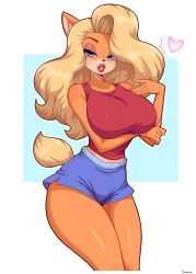 Rule 34 | 1girl, absurdres, arm under breasts, blonde hair, blue eyes, blue shorts, crash bandicoot (series), furry, furry female, heart, highres, long hair, looking at viewer, red lips, red shirt, shirt, short shorts, shorts, simmsy, simple background, sleeveless, solo, tail, tawna bandicoot