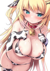 Rule 34 | 1girl, :/, absurdres, akai haato, animal collar, animal ears, animal print, aqua eyes, areola slip, bare shoulders, bikini, blonde hair, blush, breasts, choker, cleavage, clenched hands, closed mouth, collar, collarbone, cow ears, cow print, cow print bikini, cowbell, cowboy shot, elbow gloves, embarrassed, from above, furrowed brow, gloves, hair ornament, hairclip, hands on own chest, hands up, highres, hololive, large breasts, long hair, looking at viewer, micro bikini, navel, neck bell, onibi (will o wisp24), print bikini, print gloves, print thighhighs, red choker, simple background, solo, string bikini, sweat, swept bangs, swimsuit, thigh gap, thighhighs, virtual youtuber, white background, x hair ornament