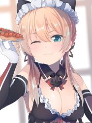 Rule 34 | 1girl, anchor hair ornament, animal ears, aqua eyes, bikini, black bikini, blonde hair, breasts, cat ears, cleavage, commentary request, detached collar, detached sleeves, dyson (edaokunnsaikouya), food, frilled bikini, frills, gloves, hair ornament, highres, kantai collection, large breasts, long hair, looking at viewer, maid headdress, one eye closed, prinz eugen (kancolle), solo, swimsuit, twintails, upper body, waitress, white gloves