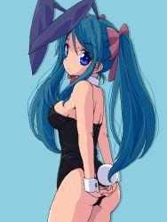 Rule 34 | 1girl, animal ears, back, blue eyes, breasts, rabbit ears, rabbit tail, playboy bunny, detached collar, fake animal ears, green hair, leotard, long hair, looking back, medium breasts, original, shino (pharmacy), solo, tail, twintails, wrist cuffs