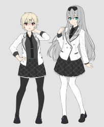 Rule 34 | 2girls, absurdres, aqua eyes, black footwear, black legwear, black shirt, black skirt, blazer, blonde hair, bow, closed mouth, collared shirt, double-breasted, full body, grey background, grey hair, hair between eyes, hair bow, hair ornament, hairclip, hand on own hip, hand up, highres, jacket, long hair, long sleeves, looking at viewer, miniskirt, multiple girls, necktie, ochiai miyabi, open clothes, open jacket, open mouth, original, pantyhose, plaid, plaid skirt, pleated skirt, red eyes, shirt, shoes, short hair, skirt, smile, standing, unmoving pattern, white jacket, white legwear