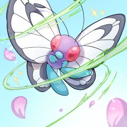 Rule 34 | animal focus, butterfree, commentary request, creatures (company), day, falling petals, fangs, flying, game freak, gen 1 pokemon, highres, ichino cco, nintendo, no humans, outdoors, petals, pink eyes, pokemon, pokemon (creature), solo, sparkle