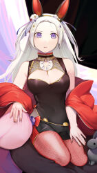 Rule 34 | 1girl, absurdres, adapted costume, animal ears, bare shoulders, breasts, cape, cleavage, covered navel, edelgard von hresvelg, fake animal ears, fire emblem, fire emblem: three houses, fire emblem heroes, fishnet pantyhose, fishnets, flower, hair flower, hair ornament, highres, ikura (downdexp), leotard, long hair, looking at viewer, medium breasts, nintendo, pantyhose, pillow, purple eyes, rabbit, rabbit ears, red cape, red pantyhose, signature, sitting, solo, white hair