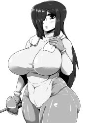 Rule 34 | alternate costume, blush, bodysuit, breasts, covered navel, cowboy shot, fencing, gloves, hair over one eye, highres, holding, holding weapon, ichigo kotou, large breasts, long hair, monochrome, parasoul (skullgirls), parted lips, plump, skin tight, skullgirls, sweat, sword, towel, weapon, wide hips