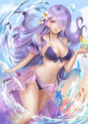 Rule 34 | 1girl, alcohol, armlet, bare shoulders, bikini, breasts, camilla (fire emblem), camilla (summer) (fire emblem), cleavage, collarbone, commentary, cup, drink, drinking glass, english commentary, facing viewer, fire emblem, fire emblem fates, fire emblem heroes, flower, food, fruit, glass, gumae, hair flower, hair ornament, hair over one eye, halterneck, holding, holding cup, holding drinking glass, large breasts, lips, long hair, looking at viewer, nail polish, navel, nintendo, official alternate costume, patreon username, purple bikini, purple eyes, purple hair, sarong, solo, summer, swimsuit, wavy hair