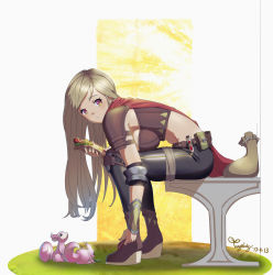 Rule 34 | 1girl, absurdres, artist name, bad id, bad pixiv id, ban yang, belt, belt pouch, black pants, brown hair, cape, dated, frown, highres, hot dog, knee pads, looking at viewer, pants, pink eyes, potion, pouch, red cape, sack, signature, sitting, solo, squirrel, vial