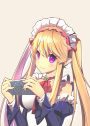 Rule 34 | 10s, 1girl, breasts, brooch, brown hair, choker, detached sleeves, dress, elf, erkelee, frilled dress, frilled sleeves, frills, handheld game console, highres, holding, jewelry, large breasts, long hair, looking at viewer, maid, maid headdress, myucel foalan, outbreak company, playstation portable, pointy ears, purple eyes, red ribbon, ribbon, ringed eyes, simple background, smile, solo, twintails, upper body, very long hair, yellow background