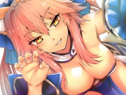 Rule 34 | 1girl, animal ear fluff, animal ears, blue kimono, blue ribbon, breasts, cleavage, commentary, commentary request, fate/extella, fate/extra, fate/extra ccc, fate/grand order, fate (series), fox ears, fox girl, fox tail, hair ribbon, japanese clothes, kimono, large breasts, looking at viewer, pink hair, ribbon, solo, tail, tamamo (fate), tamamo no mae (fate/extra), wisespeak, yellow eyes