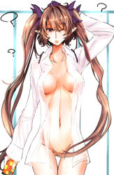 Rule 34 | 1girl, ?, arm up, bad id, bad pixiv id, bottomless, breasts, brown eyes, brown hair, cellphone, censored, convenient censoring, female focus, hair ribbon, hat, himekaidou hatate, long hair, naked shirt, navel, no bra, no panties, one eye closed, open clothes, open shirt, phone, pointy ears, purple eyes, ribbon, shirt, skinny, slender, solo, takaharu, thigh gap, tokin hat, touhou, twintails, very long hair, white shirt, wink