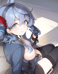 Rule 34 | 1girl, ako (blue archive), bell, black gloves, black skirt, black thighhighs, blue archive, blue eyes, blue hair, breasts, chain, commentary request, couch, earrings, from above, from behind, gloves, hair between eyes, hairband, halo, highres, indoors, jewelry, long hair, long sleeves, looking at viewer, looking up, medium breasts, miya kazutomo, neck bell, pencil skirt, sideboob, sidelocks, sitting, skirt, solo, stud earrings, thighhighs, zettai ryouiki