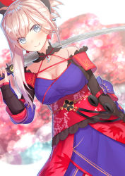 Rule 34 | 1girl, asymmetrical hair, bare shoulders, blue eyes, blush, breasts, choker, cleavage, detached sleeves, earrings, elbow pads, fate/grand order, fate (series), floral print, hair ornament, hakuishi aoi, japanese clothes, jewelry, katana, large breasts, long hair, long sleeves, looking at viewer, magatama, miyamoto musashi (fate), miyamoto musashi (second ascension) (fate), pink hair, ponytail, sash, smile, solo, sword, weapon