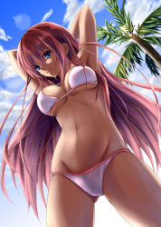 Rule 34 | 1girl, abs, armpits, arms up, bikini, bit (artist), bit (keikou syrup), blue eyes, breasts, cameltoe, cleavage, cloud, day, dutch angle, highres, lens flare, long hair, looking at viewer, medium breasts, megurine luka, navel, palm tree, pink hair, skindentation, sky, smile, solo, strap gap, swimsuit, tree, underboob, vocaloid, white bikini