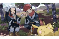 Rule 34 | 1boy, 1girl, :d, absurdres, akari (pokemon), amatsumi (amttm23), black hair, black shirt, closed eyes, commentary request, creatures (company), day, eating, eyelashes, food, game freak, gen 1 pokemon, grass, grey pants, hat, highres, holding, holding poke ball, jacket, letterboxed, nintendo, open mouth, outdoors, pants, pikachu, poke ball, poke ball (legends), pokemon, pokemon (creature), pokemon legends: arceus, ponytail, red headwear, red scarf, rei (pokemon), scarf, shirt, sidelocks, smile, squatting, tree