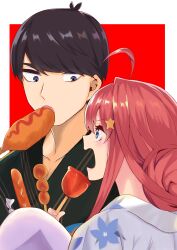 Rule 34 | 1girl, absurdres, ahoge, alternate hairstyle, antenna hair, black hair, black kimono, blue eyes, blue kimono, candy apple, commentary request, couple, dango, eating, eyebrows hidden by hair, eyelashes, floral print, food, food in mouth, go-toubun no hanayome, hair between eyes, hair ornament, hetero, highres, japanese clothes, kimono, kouta(34765766), light blush, long hair, looking at another, nakano itsuki, nose, open mouth, profile, red background, red hair, sanshoku dango, short hair, sidelocks, simple background, star (symbol), star hair ornament, swept bangs, uesugi fuutarou, upturned eyes, v-shaped eyebrows, wagashi, white background, yukata