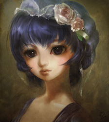 Rule 34 | 1girl, alternate eye color, alternate hair color, alternate hair length, alternate hairstyle, blue hair, blush, diana jakobsson, faux traditional media, female focus, flower, hatsune miku, lips, portrait, purple eyes, remilia scarlet, see-through, solo, speed painting, touhou, vocaloid