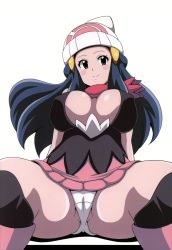 Rule 34 | 1girl, absurdres, alternate breast size, arm support, ass, bent over, black background, blue eyes, blue hair, blush, breasts, cameltoe, cleft of venus, closed mouth, creatures (company), dawn (pokemon), game freak, hair ornament, headwear request, highres, koutarosu, large breasts, legs apart, looking at viewer, matching hair/eyes, nintendo, panties, pokemon, pokemon dppt, simple background, sitting, skirt, sleeveless, smile, solo, third-party edit, underwear, white panties