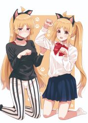 Rule 34 | 2girls, absurdres, ahoge, animal ears, black shirt, black socks, blonde hair, blue skirt, blush, bocchi the rock!, closed mouth, collarbone, collared shirt, fake animal ears, highres, ijichi nijika, ijichi seika, long hair, long sleeves, multiple girls, one side up, open mouth, pants, paw pose, paw print, pleated skirt, shirt, siblings, sisters, skirt, socks, striped clothes, striped pants, vertical-striped clothes, vertical-striped pants, wata9mm no, white pants, white shirt, white socks, yellow eyes