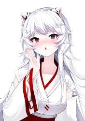 Rule 34 | 1girl, ahr tato, animal ears, blush, breasts, cho hoya, detached sleeves, hand up, highres, japanese clothes, kimono, large breasts, long hair, long sleeves, looking at viewer, open mouth, plumverse, red eyes, simple background, solo, tiger ears, tiger girl, upper body, virtual youtuber, white background, white hair, white kimono, wide sleeves