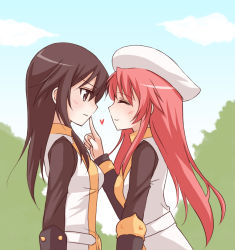 Rule 34 | 2girls, aty, aty (summon night), blush, brown hair, couple, closed eyes, finger to mouth, hat, heart, kanata (sentiment), long hair, multiple girls, poking, red hair, smile, summon night, yuri