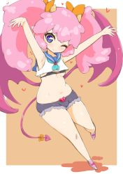 Rule 34 | 1boy, armpits, arms up, bea (bropmlk), black bra, blue eyes, bra, demon boy, demon tail, demon wings, heart, heart-shaped pupils, highres, long hair, looking at viewer, one eye closed, original, pink hair, short hair, smile, solo, symbol-shaped pupils, tail, trap, twintails, underwear, very long hair, wings