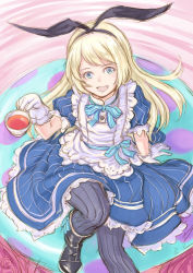 Rule 34 | 1girl, alice (alice in wonderland), alice (alice in wonderland) (cosplay), alice in wonderland, apron, bad id, bad pixiv id, black footwear, black hairband, black pantyhose, blonde hair, blue dress, blue eyes, boots, cosplay, cup, dress, gloves, hairband, highres, jervis (kancolle), kantai collection, kosai takayuki, long hair, look-alike, looking at viewer, open mouth, pantyhose, sitting, smile, solo, tea, teacup, white gloves