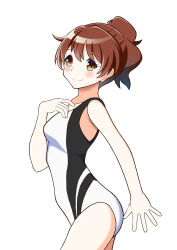 Rule 34 | 1girl, absurdres, brown eyes, brown hair, commentary request, competition swimsuit, cowboy shot, hand on own chest, hazuki nanaya, hibike! euphonium, highres, one-piece swimsuit, oumae kumiko, ponytail, short hair, simple background, smile, solo, swimsuit, two-tone swimsuit, wavy hair, white background, white one-piece swimsuit