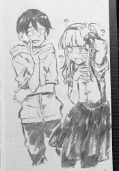Rule 34 | 10s, 1boy, 1girl, ?, bob cut, body switch, confused, constricted pupils, dagashi kashi, fingers to cheek, graph paper, greyscale, hairband, hand on own head, highres, hood, hoodie, ink (medium), kotoyama, looking at another, monochrome, open mouth, pantyhose, personality switch, photo (medium), shidare hotaru, shikada kokonotsu, short hair, short sleeves, smile, suspenders, traditional media