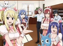 Rule 34 | 2boys, 4girls, bad id, bad pixiv id, black hair, blonde hair, blue eyes, blue hair, bluesnowcat, blush, breasts, brown eyes, charle (fairy tail), cleavage, erza scarlet, closed eyes, fairy tail, gray fullbuster, hair ornament, happy (fairy tail), indoors, juvia lockser, large breasts, long hair, looking at viewer, lucy heartfilia, maid, maid headdress, multiple boys, multiple girls, natsu dragneel, open mouth, pink hair, ponytail, red hair, short hair, smile, spiked hair, twintails, wendy marvell, wings
