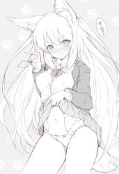 Rule 34 | 1girl, animal ears, bad id, bad pixiv id, blazer, bow, bow panties, breasts, clothes lift, condom, contrapposto, covered erect nipples, cowboy shot, dress shirt, fox ears, fox tail, greyscale, holding, holding condom, jacket, lifting own clothes, long hair, looking at viewer, medium breasts, monochrome, navel, original, panties, paw print, paw print background, pleated skirt, presenting, shirt, skirt, skirt lift, smile, solo, standing, tail, two side up, underwear, very long hair, zaiyasu