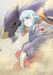 Rule 34 | 1girl, absurdres, blue eyes, blue hair, blue sweater vest, character request, claws, commentary request, creatures (company), fangs, game freak, garchomp, gen 4 pokemon, grey jacket, highres, holding, holding poke ball, jacket, long sleeves, looking away, medium hair, necktie, nemaki (nemaki87456), nintendo, open clothes, open jacket, open mouth, pants, poke ball, pokemon, pokemon (creature), red eyes, red necktie, red pants, shirt, sidelocks, smile, solo, striped clothes, striped pants, sweater vest, teeth, vertical-striped clothes, vertical-striped pants