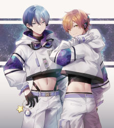 Rule 34 | 2boys, aoyagi touya, blue hair, earrings, headphones, hood, hooded jacket, hoodie, jacket, jewelry, looking at viewer, male focus, multicolored hair, multiple boys, navel, offtoon12, open clothes, open mouth, orange hair, pants, project sekai, shinonome akito, shirt, short hair, smile, split-color hair, two-tone hair, yellow eyes