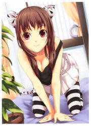 Rule 34 | 1girl, absurdres, all fours, animal ears, bed, blurry, breasts, brown hair, cleavage, clock, depth of field, fingernails, highres, kneeling, long hair, luna (reclaimed land), original, plant, red eyes, skirt, smile, solo, strap slip, striped clothes, striped thighhighs, tail, tank top, thighhighs, tiger ears, tiger tail