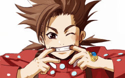 Rule 34 | 00s, 1boy, brown hair, highres, lloyd irving, male focus, short hair, sio vanilla, solo, tales of (series), tales of symphonia, white background
