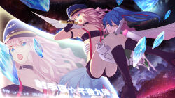 1boy 1girl absurdres belt_collar black_footwear black_gloves black_shirt black_shorts blue_eyes boots carrying collar commentary_request crystal flashlight gloves hat highres holding holding_flashlight knee_boots lipstick macross macross_frontier makeup mechanical_wings open_mouth orange_eyes outdoors pink_hair police_hat ponytail poppinmonkey princess_carry saotome_alto screen sheryl_nome shirt shorts strapless suspenders tube_top wings