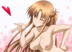 Rule 34 | 1girl, ;o, artist request, asuna (sao), blowing kiss, blush, breasts, brown eyes, brown hair, explorador sei, female focus, hand on own hip, heart, large breasts, leaning forward, long hair, nipples, nude, one eye closed, parted lips, solo, sword art online, wink