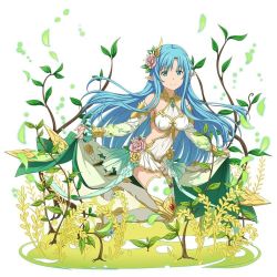 Rule 34 | 1girl, asuna (sao-alo), blue eyes, blue hair, boots, breasts, choker, covered navel, detached sleeves, floating hair, flower, full body, long hair, looking at viewer, medium breasts, miniskirt, official art, pink flower, pleated skirt, pointy ears, skirt, skirt hold, smile, solo, sword art online, sword art online: code register, thigh boots, thighhighs, very long hair, white background, white footwear, white skirt
