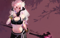Rule 34 | 10s, 1girl, au ra, bare shoulders, belt, bikini, bikini top only, black bikini, blush, breasts, cleavage, commentary request, copyright name, criss-cross halter, dappled sunlight, facepaint, final fantasy, final fantasy xiv, finger to mouth, flower, frills, glowing, hair flower, hair ornament, halterneck, holding, holding staff, lino chang, lips, long hair, looking at viewer, medium breasts, midriff, navel, one eye closed, parted lips, pink hair, red eyes, rose, solo, staff, stomach, sunlight, swept bangs, swimsuit, tsurime, upper body, warrior of light (ff14), white flower, white mage (final fantasy), white rose, wrist cuffs