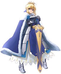Rule 34 | 1girl, absurdres, ahoge, armor, armored boots, armored dress, artoria pendragon (fate), avalon (fate/stay night), blonde hair, boots, cape, crown, excalibur (fate/stay night), fate/grand order, fate (series), full body, fur trim, gauntlets, green eyes, highres, looking away, saber (fate), sheath, sheathed, shunichi, solo, standing, sword, weapon