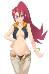Rule 34 | bangle, belt, black panties, blush, bracelet, breasts, brown pants, closed mouth, collarbone, feet out of frame, jewelry, kohatsuka, long hair, medium breasts, multicolored hair, navel, no bra, open clothes, open vest, panties, pants, pink hair, ponytail, purple eyes, standing, stomach, streaked hair, tsukumo akari, two-tone hair, unbuttoned, unbuttoned pants, underwear, vest, white background, yu-gi-oh!, yuu-gi-ou, yuu-gi-ou zexal