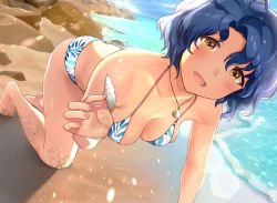 Rule 34 | :d, all fours, antenna hair, ass, bad id, bad twitter id, bare arms, bare legs, bare shoulders, barefoot, beach, bikini, blue hair, blue sky, blush, breasts, butt crack, cleavage, cloud, collarbone, dirty, dirty feet, dirty hands, halterneck, hanamasa ono, highres, holding, holding shell, idolmaster, idolmaster million live!, idolmaster million live! theater days, jewelry, light particles, looking at viewer, medium breasts, multicolored bikini, multicolored clothes, nail polish, necklace, ocean, open mouth, outdoors, parted bangs, sand, shell, shell necklace, short hair, sky, smile, solo, swimsuit, toyokawa fuka, water, yellow eyes