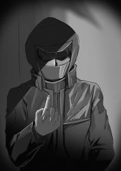 Rule 34 | 1boy, absurdres, arknights, coat, doctor (arknights), faceless, faceless male, greyscale, highres, hood, hooded coat, long sleeves, male focus, mask, monochrome, open clothes, open coat, saikre, solo, upper body