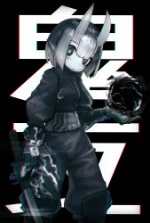 Rule 34 | 1girl, absurdres, chromatic aberration, darandy, expressionless, female focus, gloves, highres, holding, holding weapon, horns, magic, monochrome, oni, oni horns, original, pointy ears, short hair, solo, sword, weapon