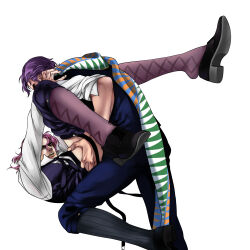Rule 34 | 2boys, alternate hair color, anal, ass, clothed sex, dio brando, highres, huang lia, implied sex, jojo no kimyou na bouken, jonathan joestar, male focus, male penetrated, missionary, multiple boys, official alternate costume, pants, phantom blood, pink hair, purple hair, scarf, shirt, shoes, short hair, triangle print, vest, white background, yaoi, yellow eyes