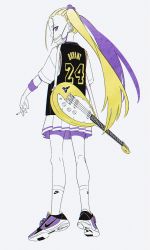 Rule 34 | 1girl, acubi tomaranai, basketball jersey, bass guitar, cigarette, closed mouth, ear piercing, from behind, frown, full body, grey background, highres, holding, holding cigarette, instrument, jersey, kobe bryant, looking at viewer, looking back, los angeles lakers, mask, mole, mole under eye, mouth mask, multicolored hair, nike (company), original, piercing, pleated skirt, product placement, purple eyes, shirt, shoes, simple background, skirt, sneakers, socks, solo, surgical mask, sweatband, twintails, two-tone hair, white shirt