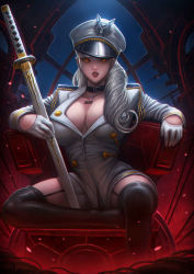 Rule 34 | 1girl, absurdres, black legwear, breasts, cleavage, garter straps, gloves, hair over shoulder, half gloves, hat, highres, holding, holding sword, holding weapon, jacket, long hair, looking at viewer, military hat, military jacket, original, parted lips, silver hair, sitting, sword, thighs, tubslab, weapon, white gloves, window, yellow eyes